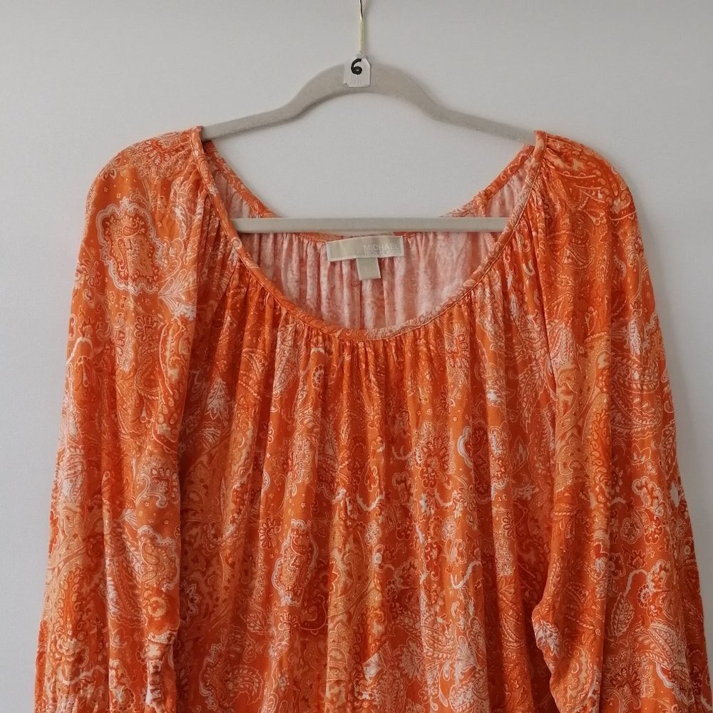 # Michael Kors Women's Orange Floral Blouse Size 2X Scoop Neck Elastic Cuff/Hem - Picture 2 of 6